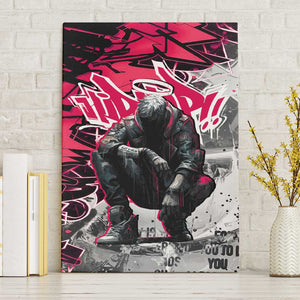 Hip Hop Graffiti Design Canvas Wall Art Sitting Hooded Figure and Red Black Street - African Pride