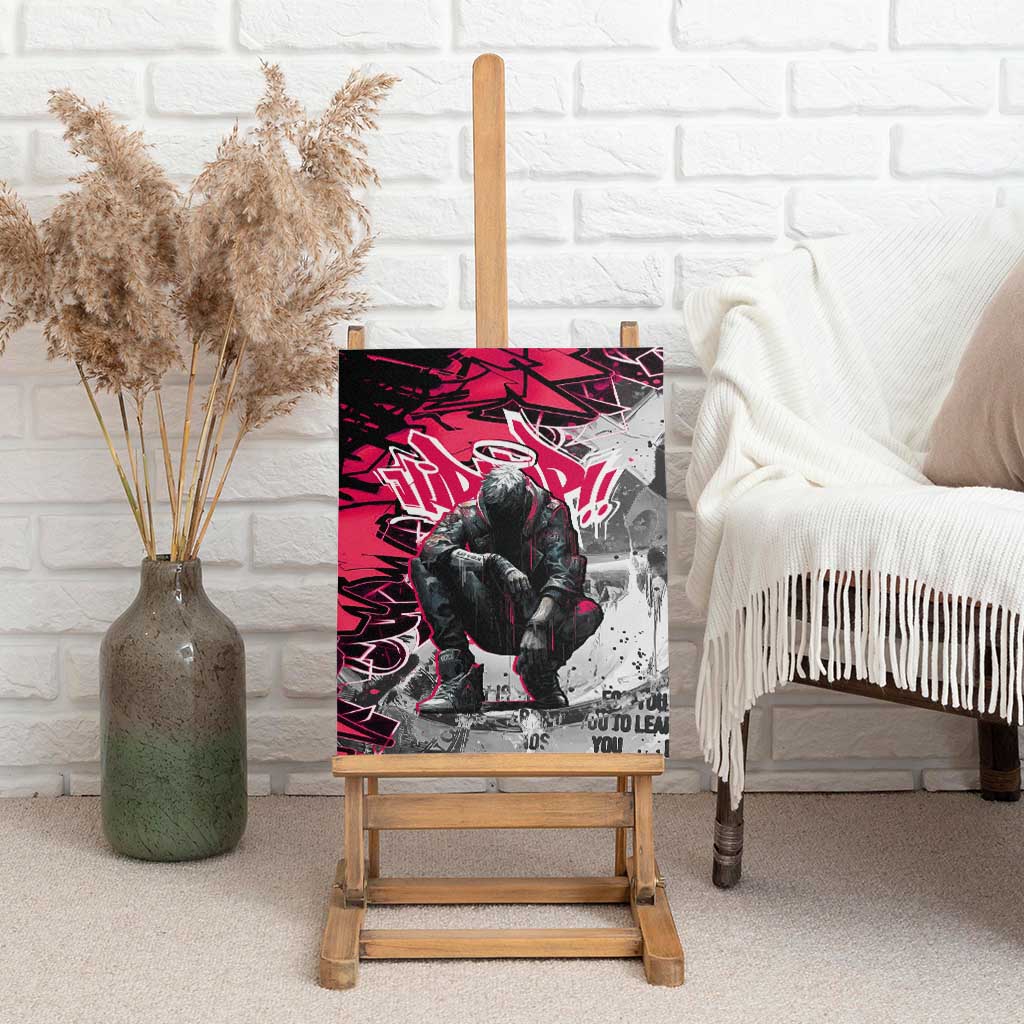Hip Hop Graffiti Design Canvas Wall Art Sitting Hooded Figure and Red Black Street - African Pride