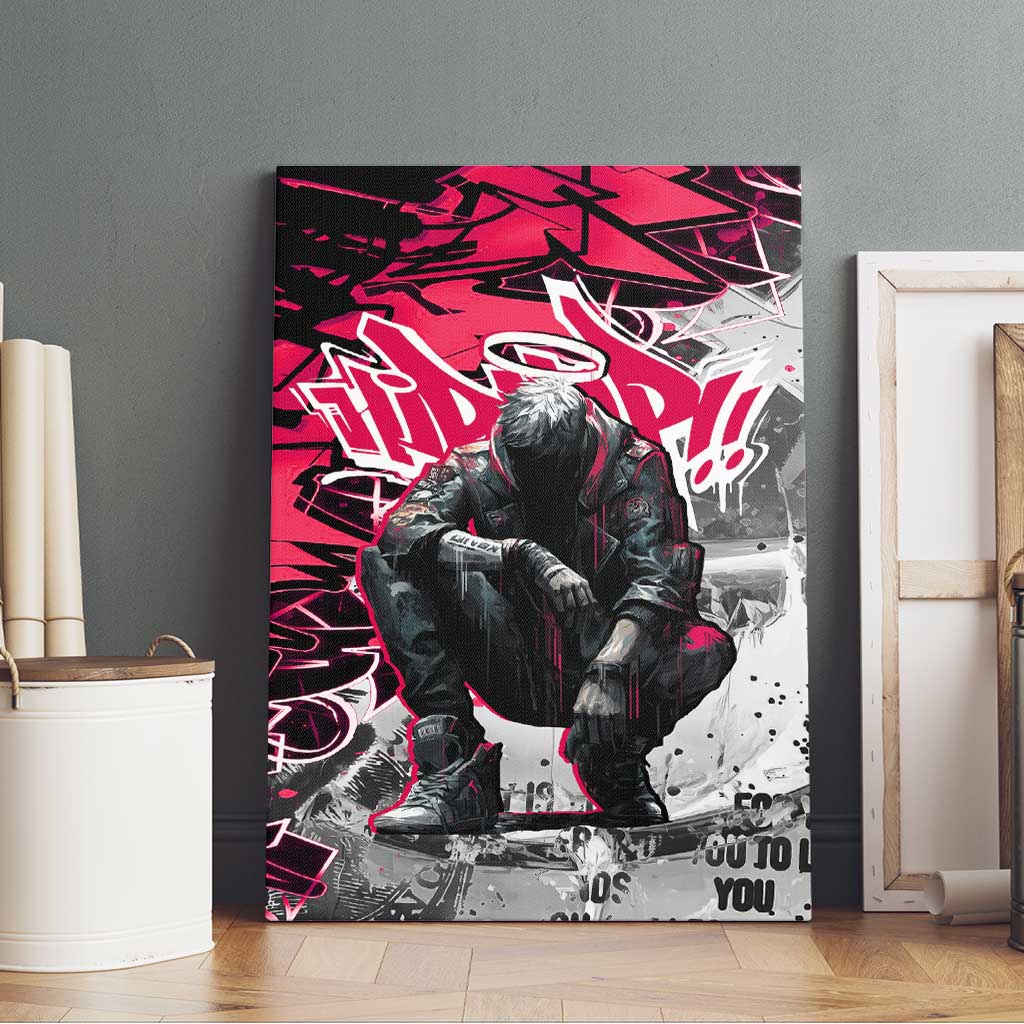 Hip Hop Graffiti Design Canvas Wall Art Sitting Hooded Figure and Red Black Street - African Pride
