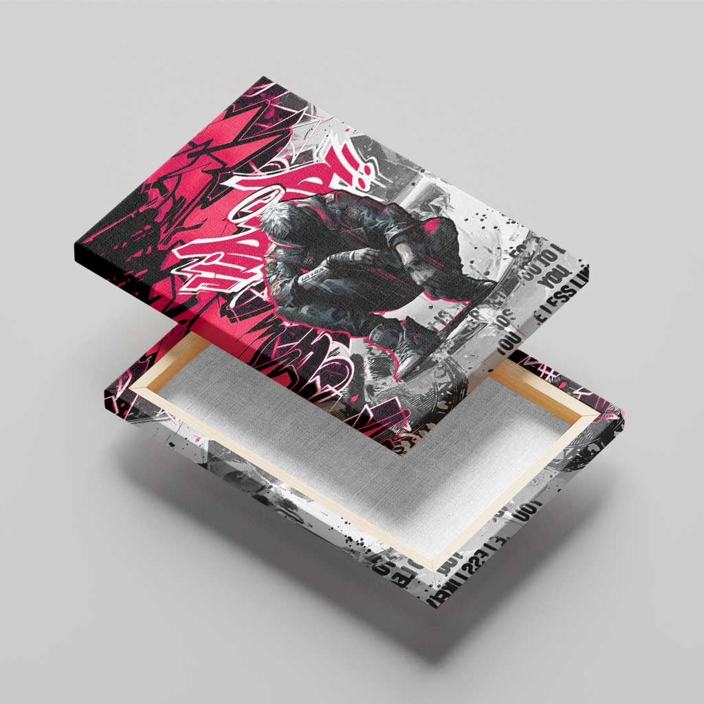 Hip Hop Graffiti Design Canvas Wall Art Sitting Hooded Figure and Red Black Street - African Pride