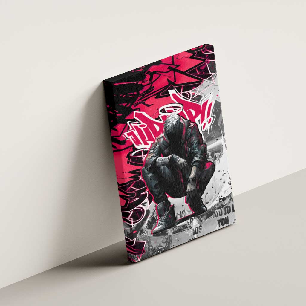 Hip Hop Graffiti Design Canvas Wall Art Sitting Hooded Figure and Red Black Street - African Pride