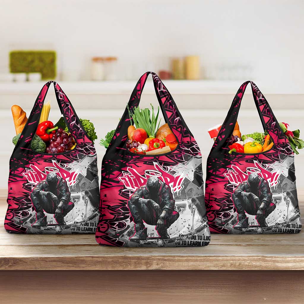 Hip Hop Graffiti Design Grocery Bag Sitting Hooded Figure and Red Black Street - African Pride