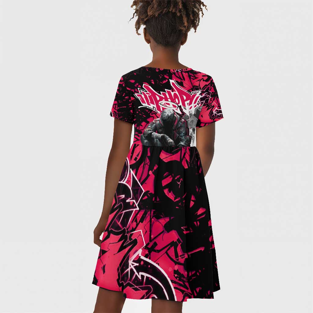 Hip Hop Graffiti Design Kid Short Sleeve Dress Sitting Hooded Figure and Red Black Street - African Pride