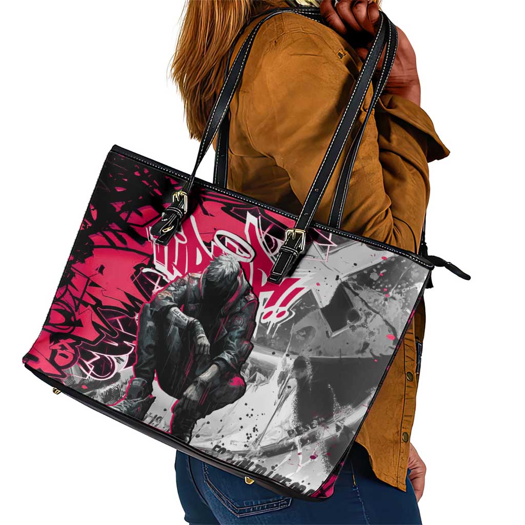 Hip Hop Graffiti Design Leather Tote Bag Sitting Hooded Figure and Red Black Street - African Pride
