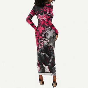 Hip Hop Graffiti Design Long Sleeve Bodycon Dress Sitting Hooded Figure and Red Black Street - African Pride