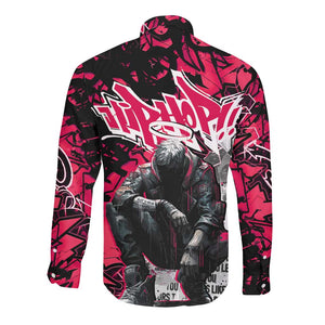 Hip Hop Graffiti Design Long Sleeve Button Shirt Sitting Hooded Figure and Red Black Street - African Pride