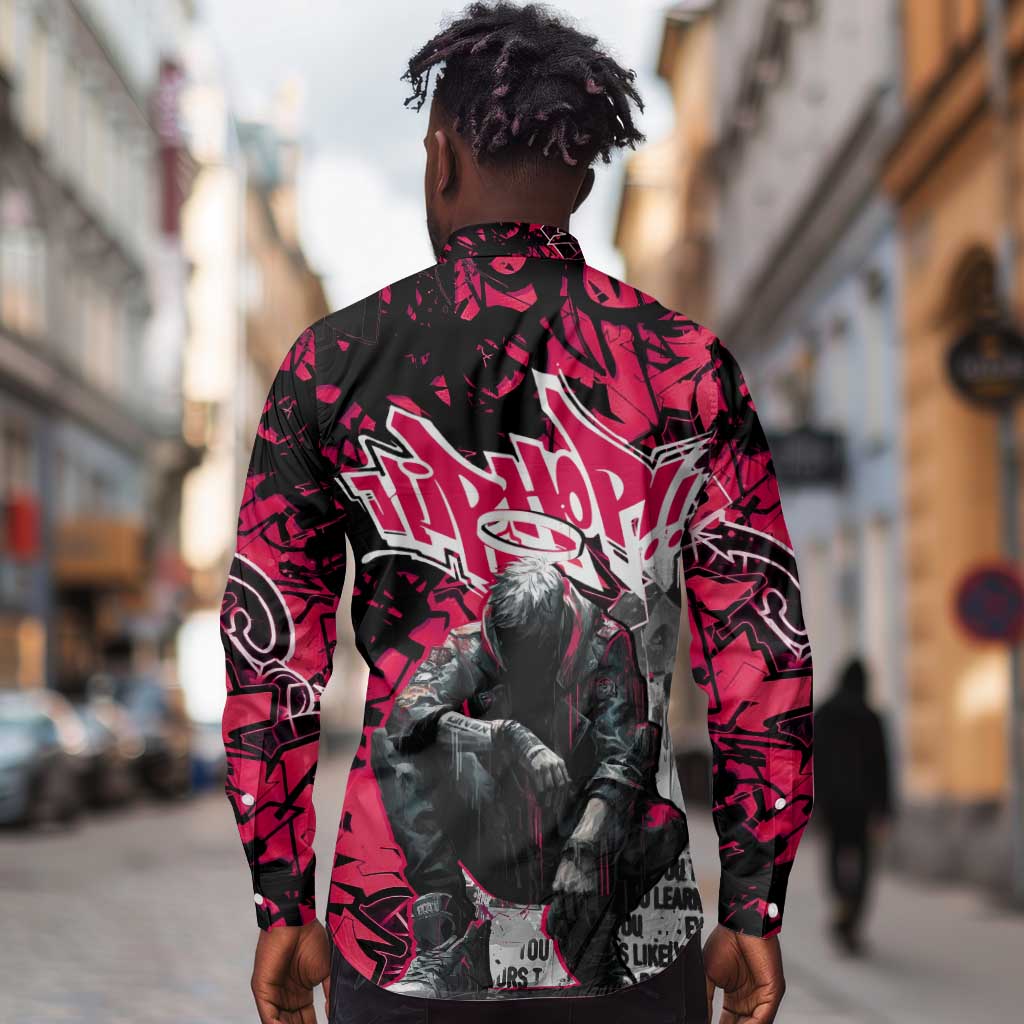 Hip Hop Graffiti Design Long Sleeve Button Shirt Sitting Hooded Figure and Red Black Street - African Pride