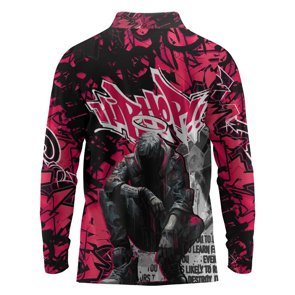 Hip Hop Graffiti Design Long Sleeve Polo Shirt Sitting Hooded Figure and Red Black Street - African Pride