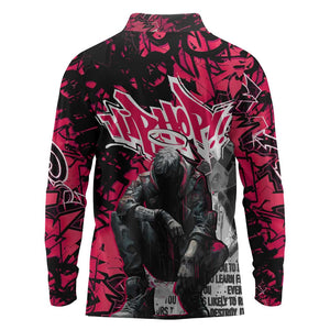 Hip Hop Graffiti Design Long Sleeve Polo Shirt Sitting Hooded Figure and Red Black Street - African Pride