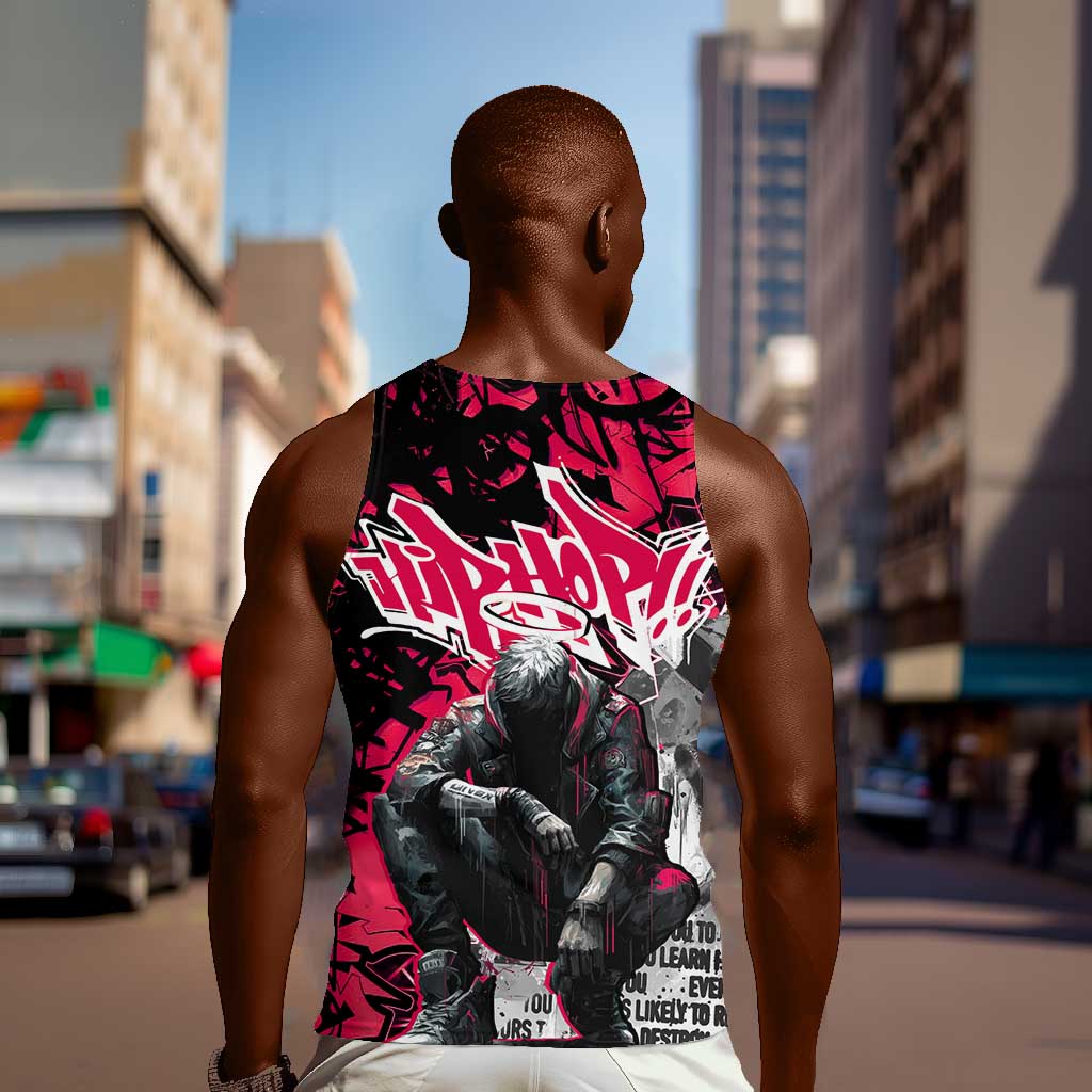 Hip Hop Graffiti Design Men Tank Top Sitting Hooded Figure and Red Black Street - African Pride