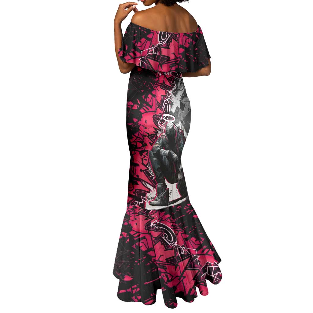Hip Hop Graffiti Design Mermaid Dress Sitting Hooded Figure and Red Black Street - African Pride
