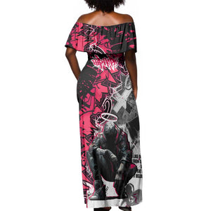 Hip Hop Graffiti Design Off Shoulder Maxi Dress Sitting Hooded Figure and Red Black Street - African Pride