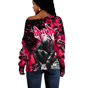 Hip Hop Graffiti Design Off Shoulder Sweater Sitting Hooded Figure and Red Black Street - African Pride