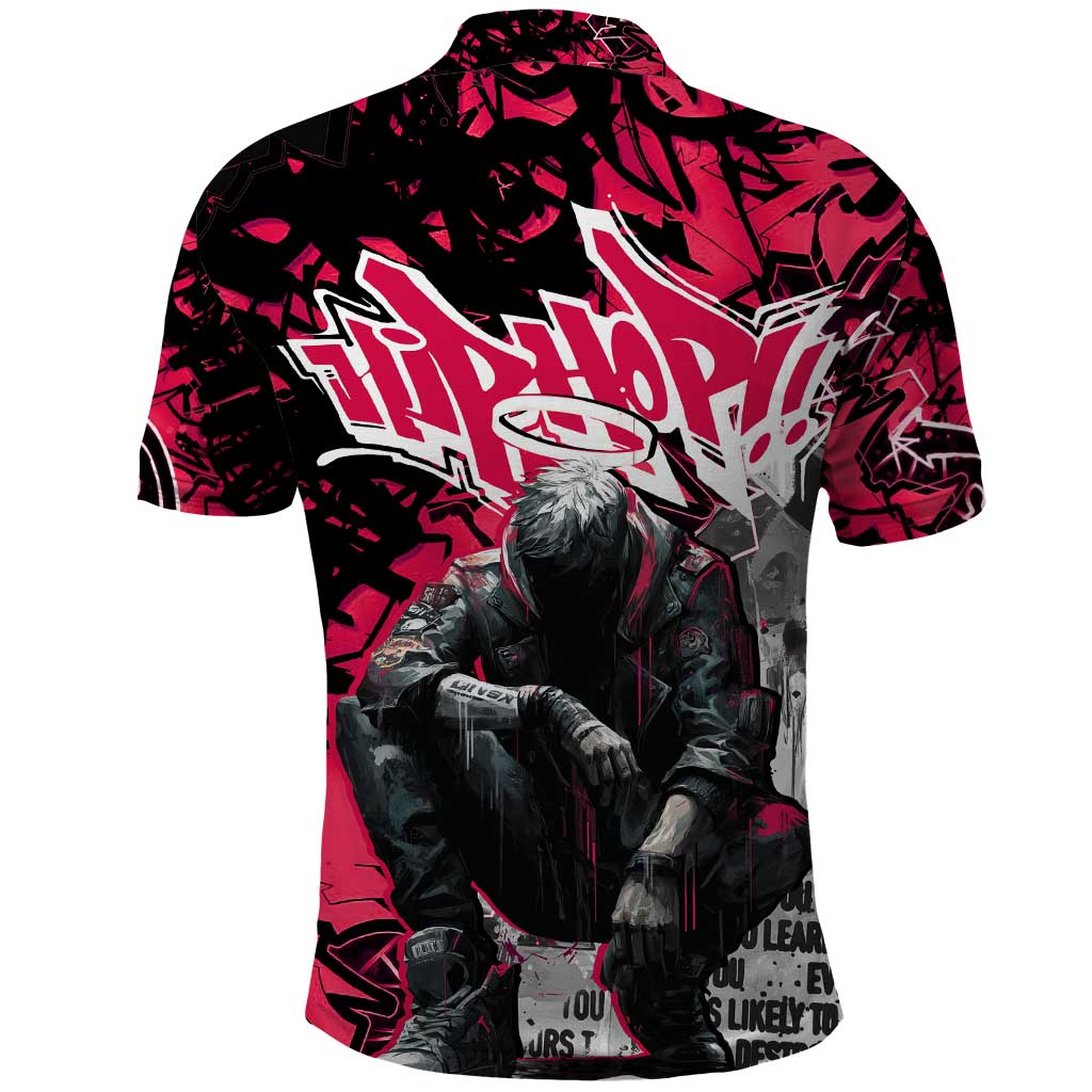 Hip Hop Graffiti Design Polo Shirt Sitting Hooded Figure and Red Black Street - African Pride