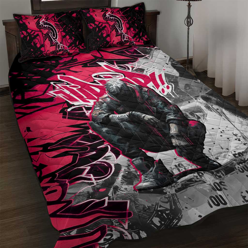 Hip Hop Graffiti Design Quilt Bed Set Sitting Hooded Figure and Red Black Street - African Pride