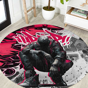 Hip Hop Graffiti Design Round Carpet Sitting Hooded Figure and Red Black Street - African Pride
