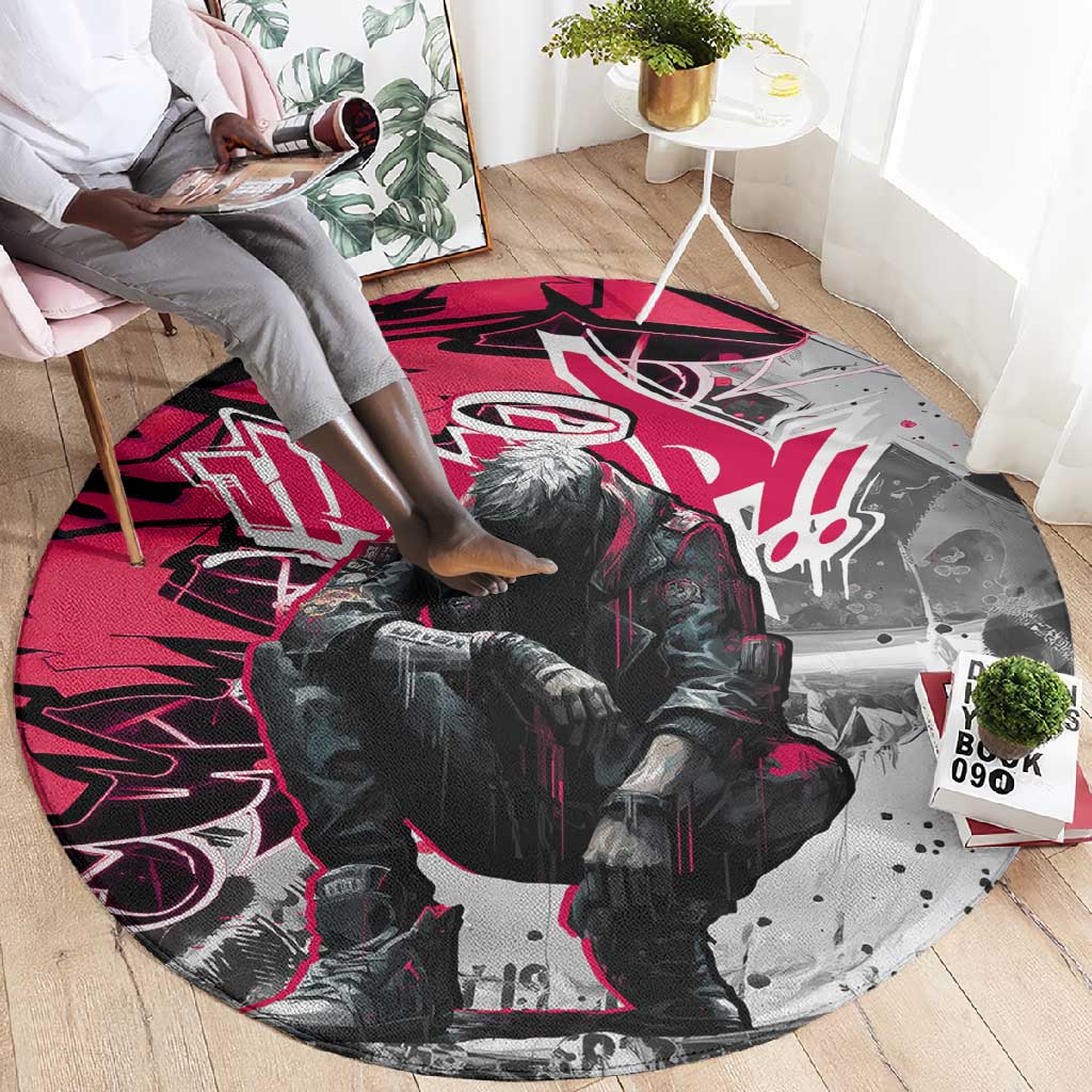 Hip Hop Graffiti Design Round Carpet Sitting Hooded Figure and Red Black Street - African Pride