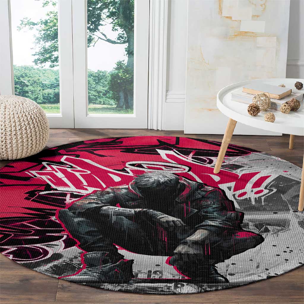 Hip Hop Graffiti Design Round Carpet Sitting Hooded Figure and Red Black Street - African Pride