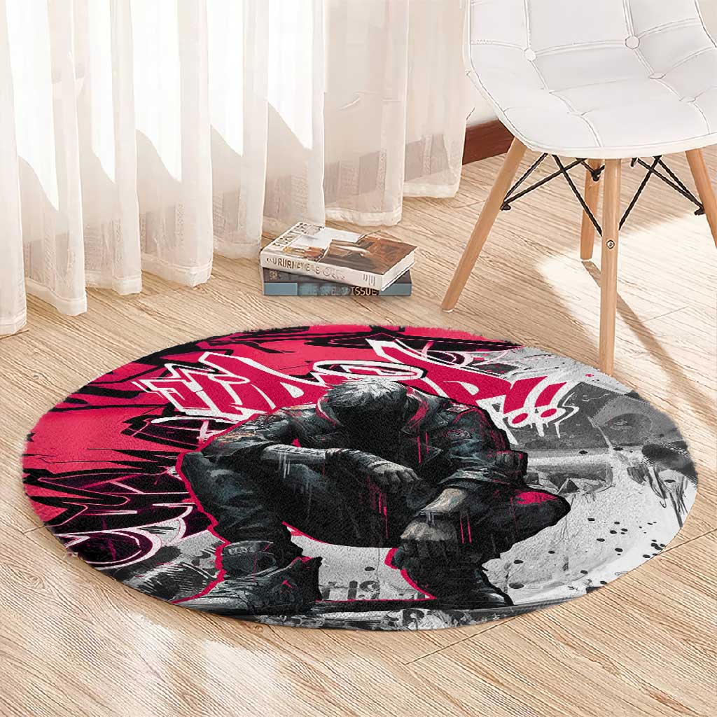 Hip Hop Graffiti Design Round Carpet Sitting Hooded Figure and Red Black Street - African Pride