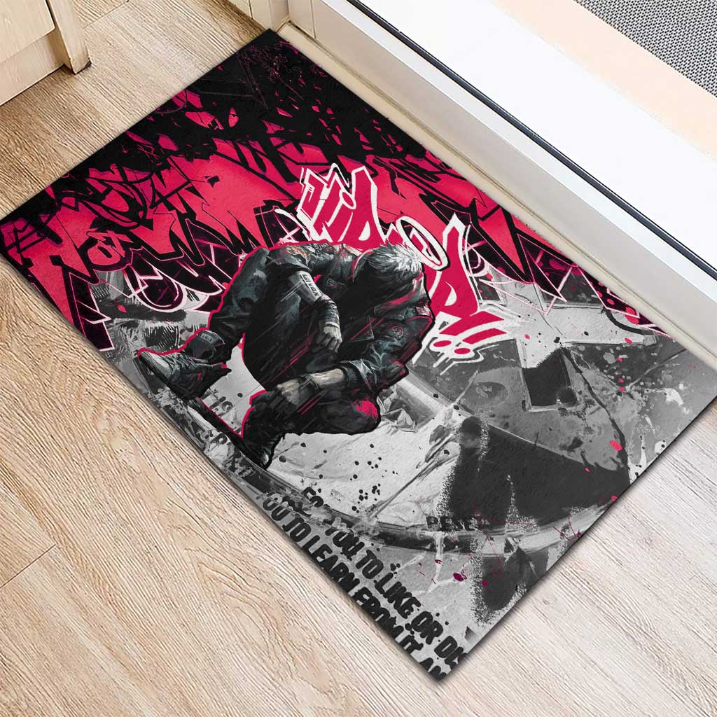 Hip Hop Graffiti Design Rubber Doormat Sitting Hooded Figure and Red Black Street - African Pride