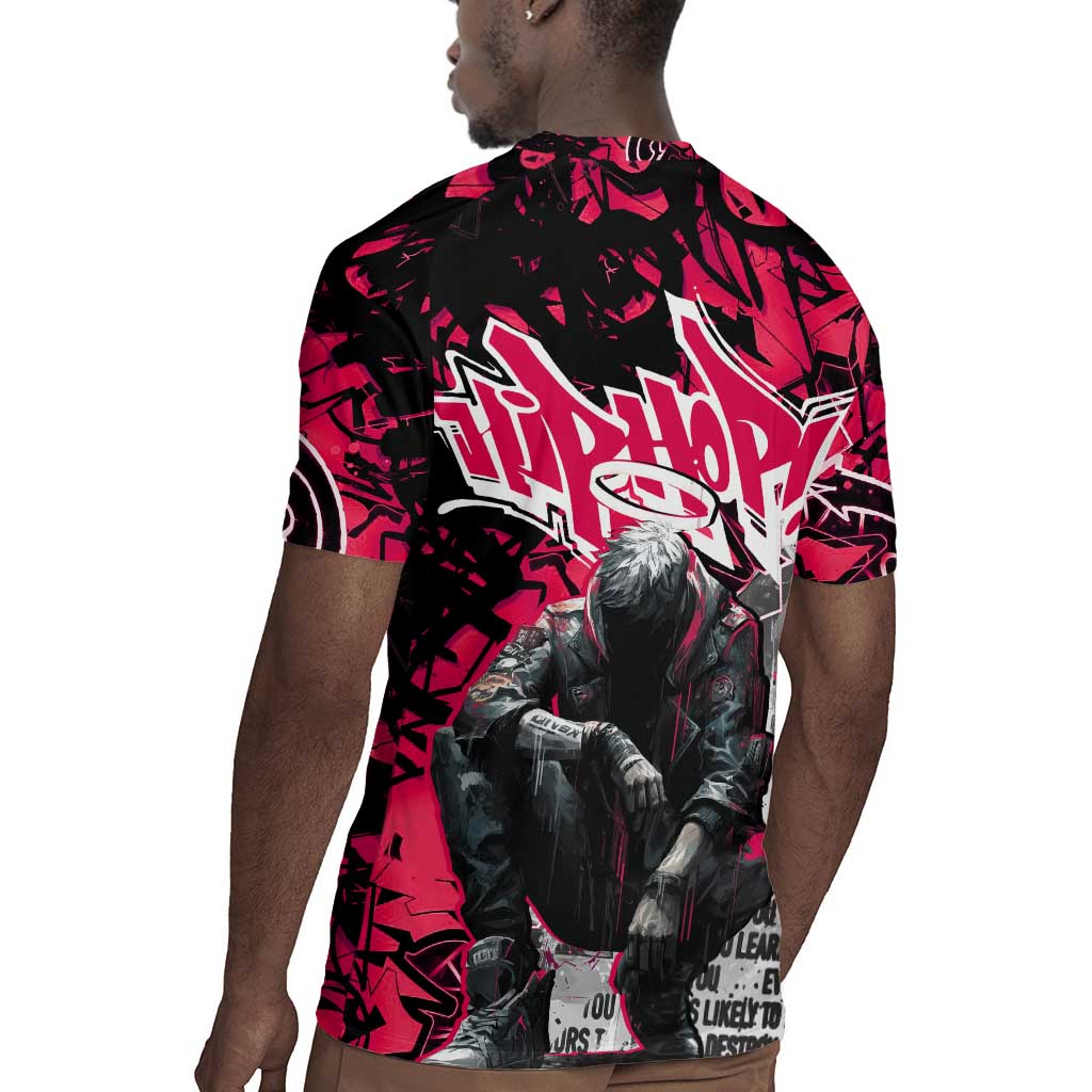 Hip Hop Graffiti Design Rugby Jersey Sitting Hooded Figure and Red Black Street - African Pride