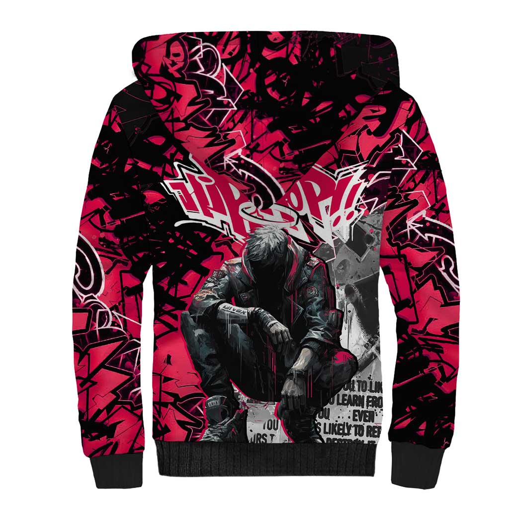 Hip Hop Graffiti Design Sherpa Hoodie Sitting Hooded Figure and Red Black Street - African Pride
