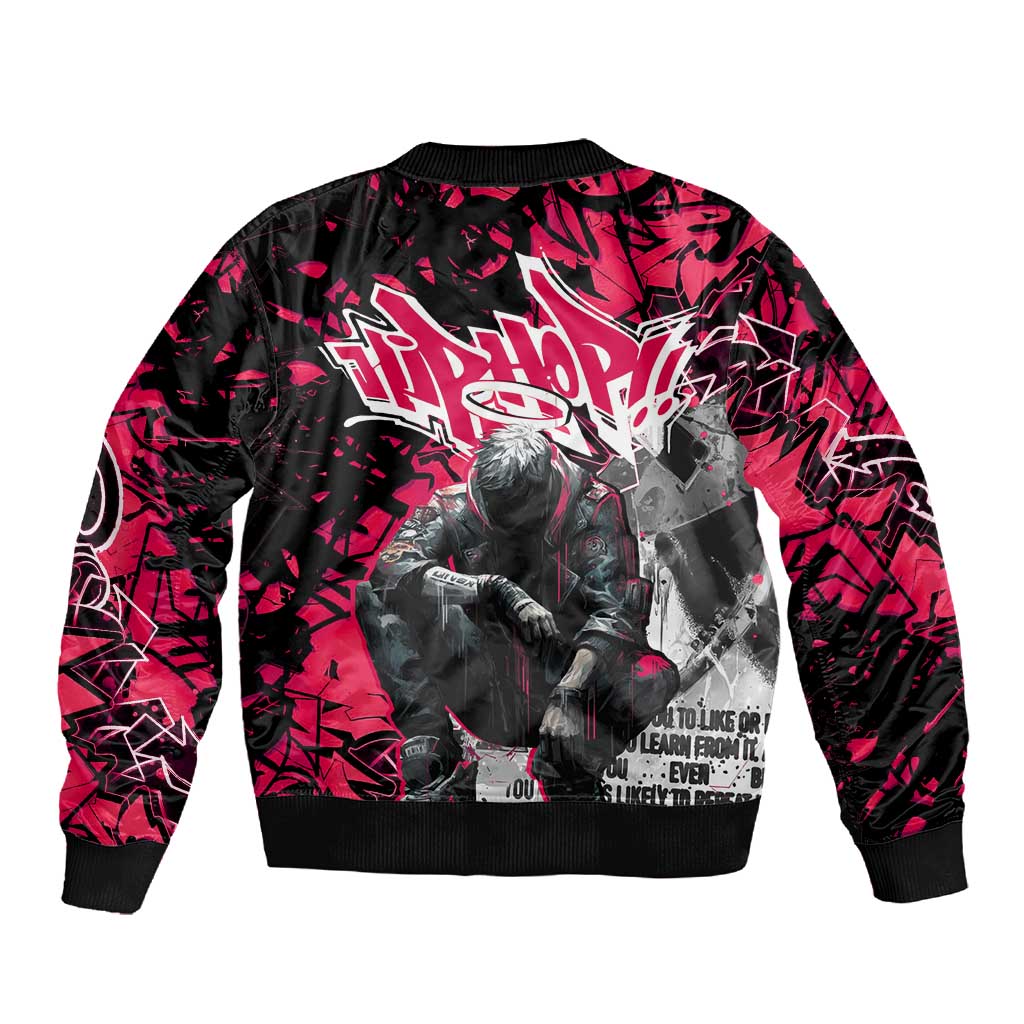 Hip Hop Graffiti Design Sleeve Zip Bomber Jacket Sitting Hooded Figure and Red Black Street - African Pride