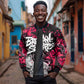 Hip Hop Graffiti Design Sleeve Zip Bomber Jacket Sitting Hooded Figure and Red Black Street - African Pride