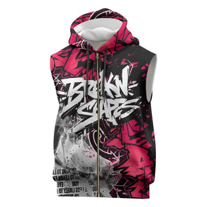 Hip Hop Graffiti Design Sleeveless Zip Hoodie Sitting Hooded Figure and Red Black Street - African Pride