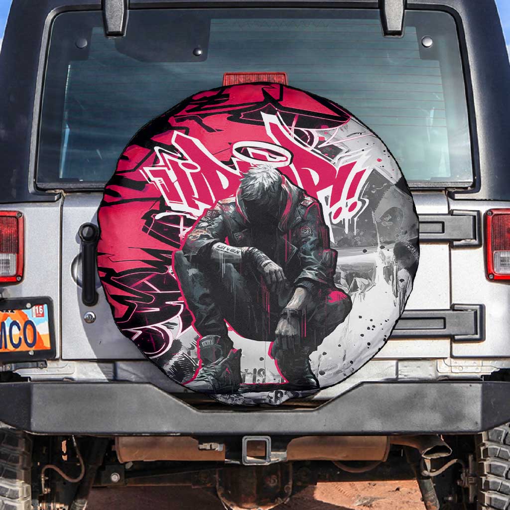 Hip Hop Graffiti Design Spare Tire Cover Sitting Hooded Figure and Red Black Street - African Pride