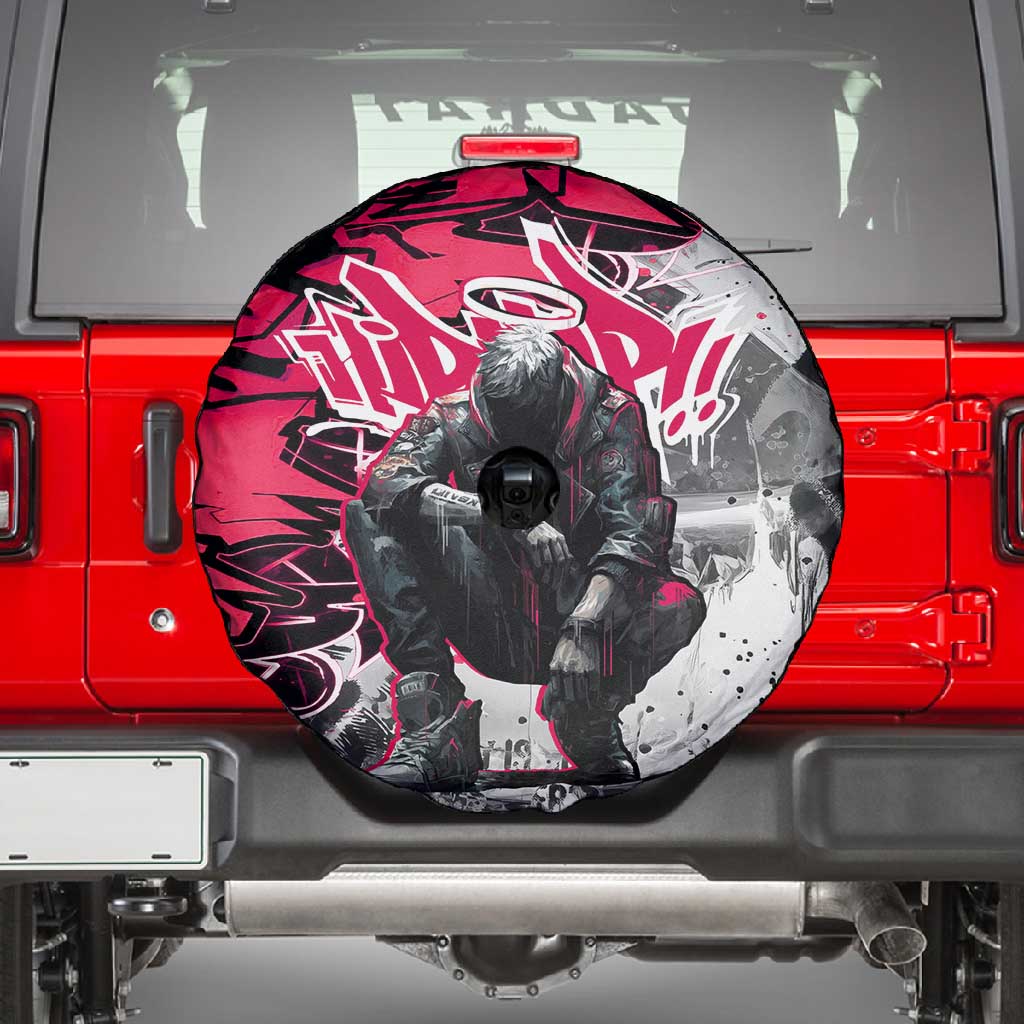 Hip Hop Graffiti Design Spare Tire Cover Sitting Hooded Figure and Red Black Street - African Pride