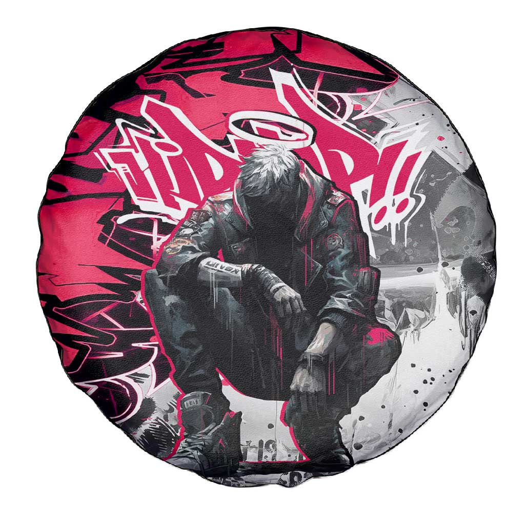 Hip Hop Graffiti Design Spare Tire Cover Sitting Hooded Figure and Red Black Street - African Pride