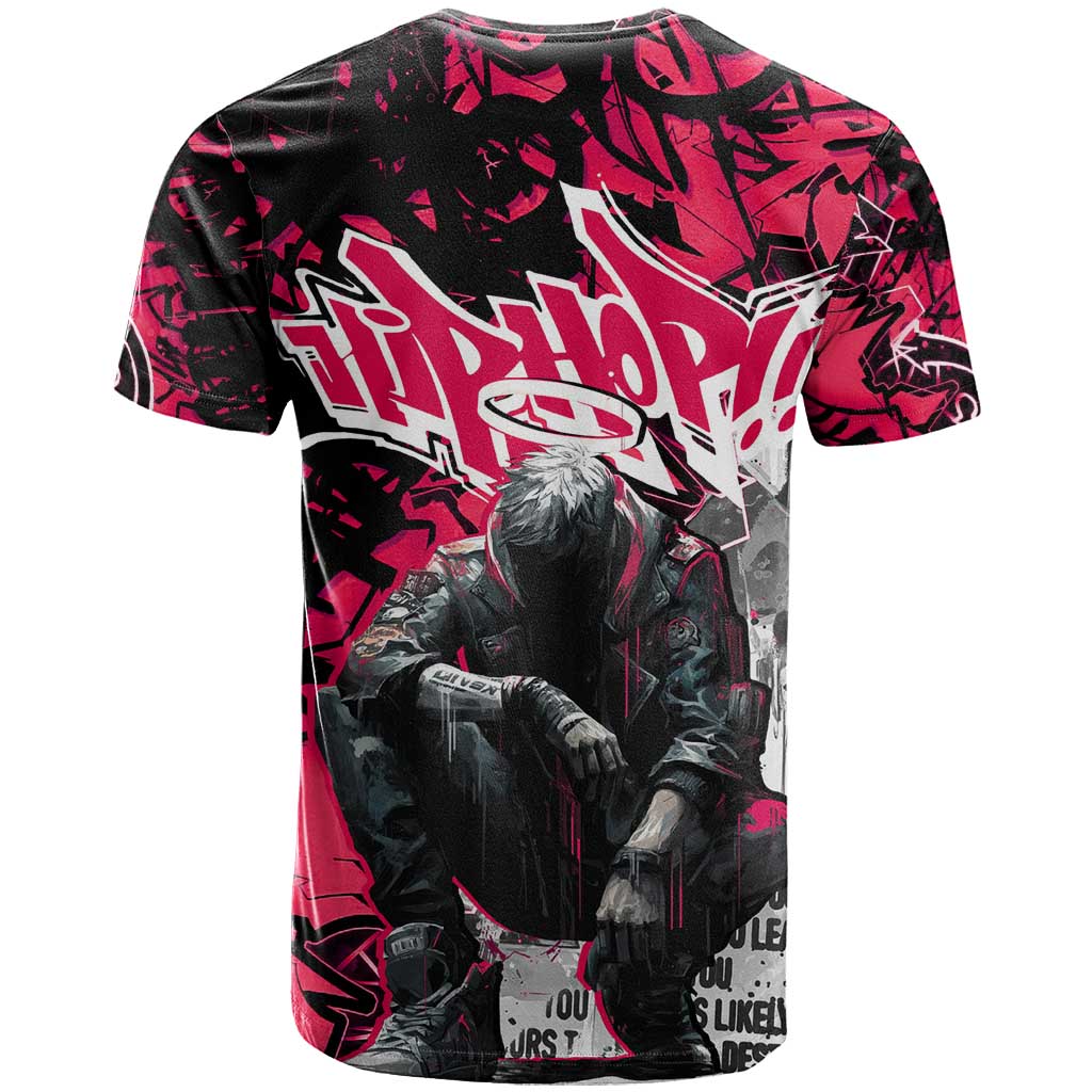 Hip Hop Graffiti Design T shirt Sitting Hooded Figure and Red Black Street - African Pride