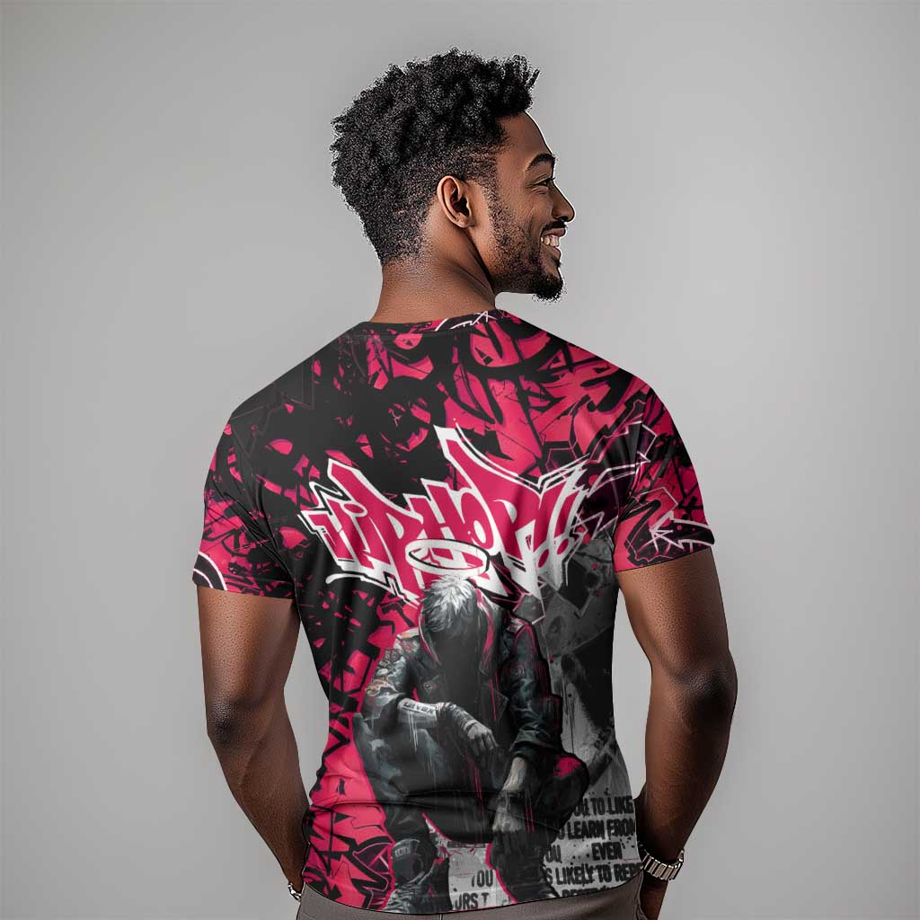 Hip Hop Graffiti Design T shirt Sitting Hooded Figure and Red Black Street - African Pride