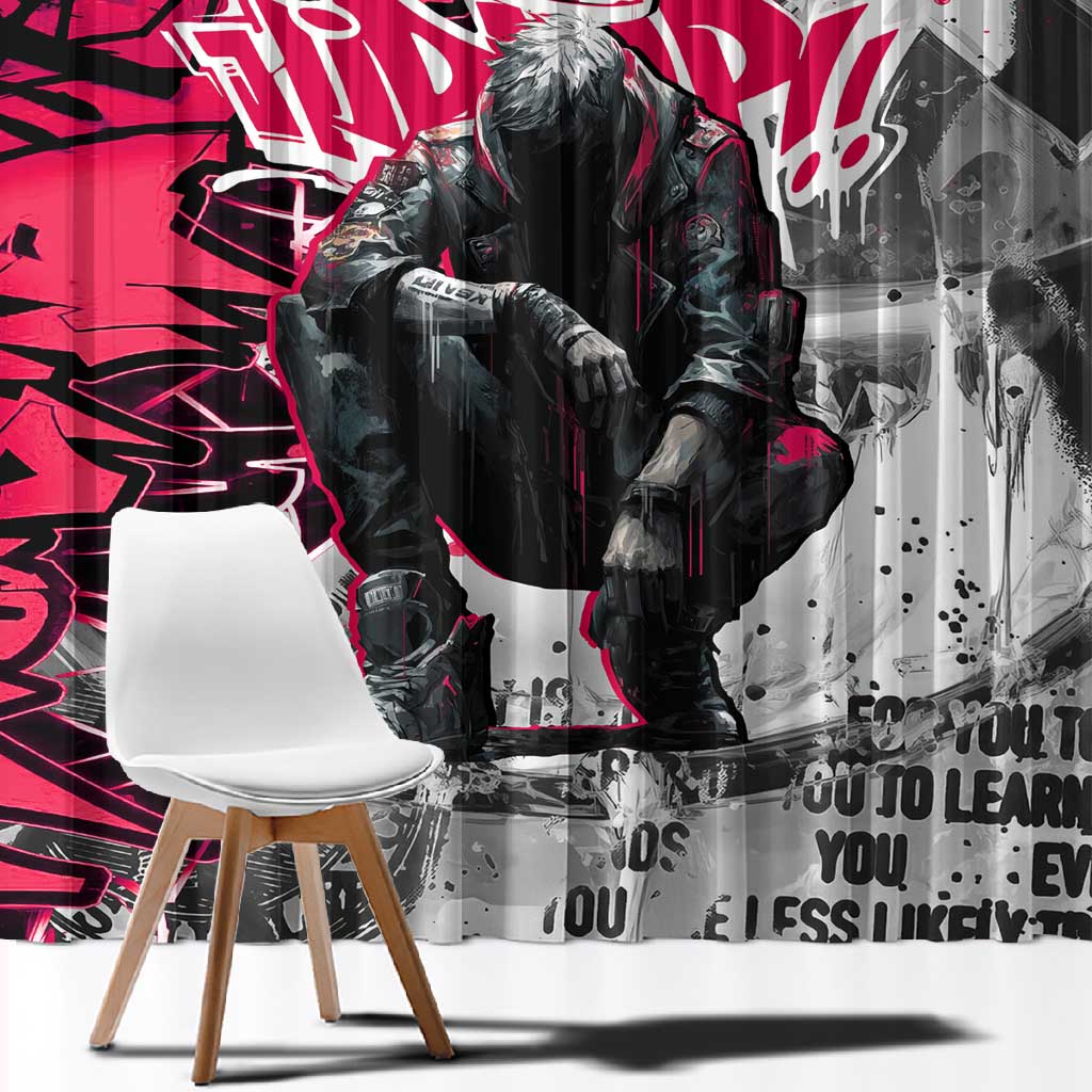 Hip Hop Graffiti Design Window Curtain Sitting Hooded Figure and Red Black Street - African Pride