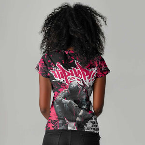 Hip Hop Graffiti Design Women V-Neck T-Shirt Sitting Hooded Figure and Red Black Street - African Pride