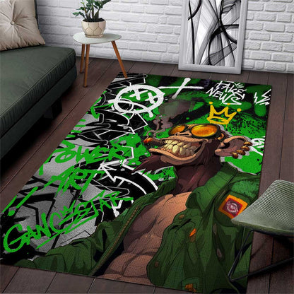 Graffiti Street Art Area Rug Smoking Ape Character and Neon Crown Symbols - African Pride