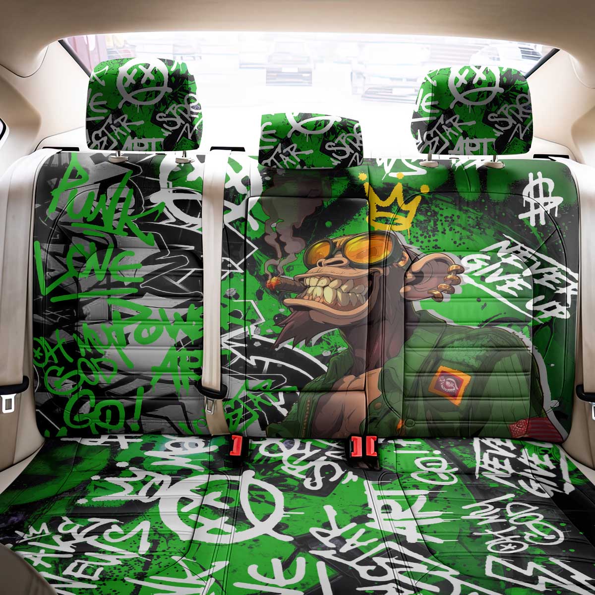 Graffiti Street Art Back Car Seat Cover Smoking Ape Character and Neon Crown Symbols - African Pride