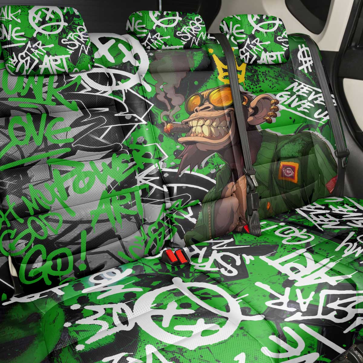 Graffiti Street Art Back Car Seat Cover Smoking Ape Character and Neon Crown Symbols - African Pride