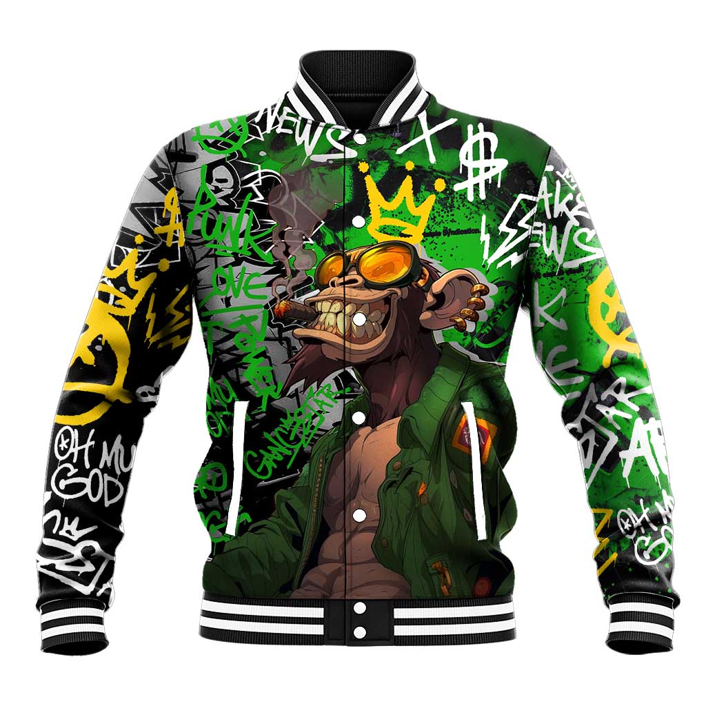 Graffiti Street Art Baseball Jacket Smoking Ape Character and Neon Crown Symbols - African Pride
