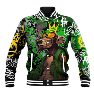 Graffiti Street Art Baseball Jacket Smoking Ape Character and Neon Crown Symbols - African Pride