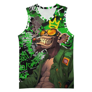Graffiti Street Art Basketball Jersey Smoking Ape Character and Neon Crown Symbols - African Pride