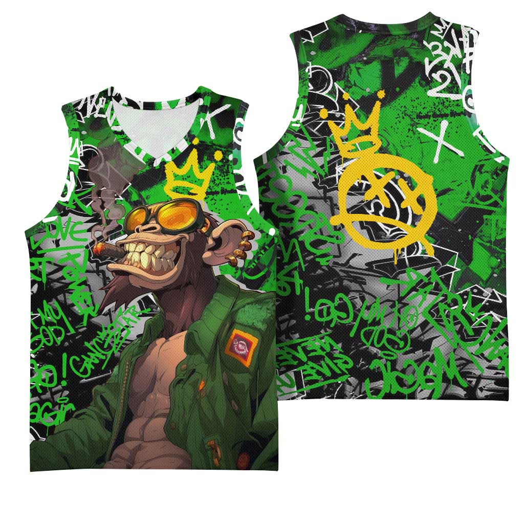Graffiti Street Art Basketball Jersey Smoking Ape Character and Neon Crown Symbols - African Pride