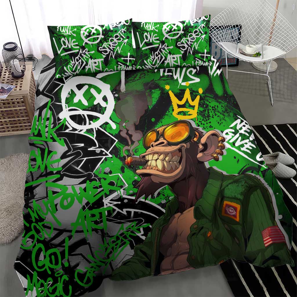 Graffiti Street Art Bedding Set Smoking Ape Character and Neon Crown Symbols - African Pride