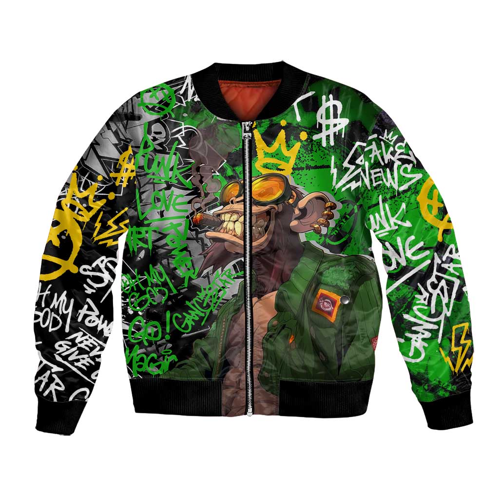 Graffiti Street Art Bomber Jacket Smoking Ape Character and Neon Crown Symbols - African Pride