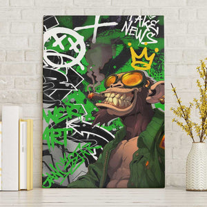 Graffiti Street Art Canvas Wall Art Smoking Ape Character and Neon Crown Symbols - African Pride