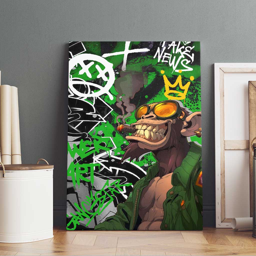 Graffiti Street Art Canvas Wall Art Smoking Ape Character and Neon Crown Symbols - African Pride