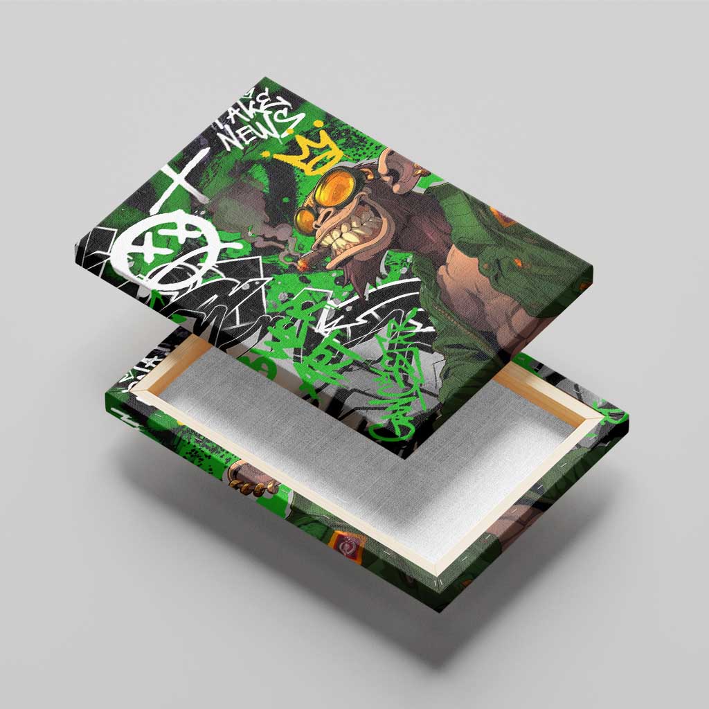 Graffiti Street Art Canvas Wall Art Smoking Ape Character and Neon Crown Symbols - African Pride