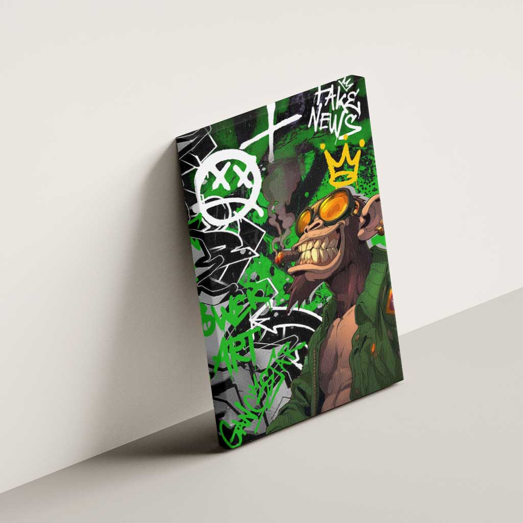 Graffiti Street Art Canvas Wall Art Smoking Ape Character and Neon Crown Symbols - African Pride