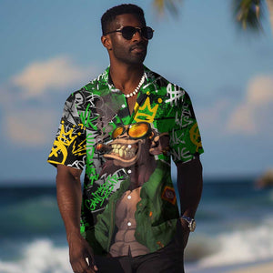 Graffiti Street Art Hawaiian Shirt Smoking Ape Character and Neon Crown Symbols - African Pride